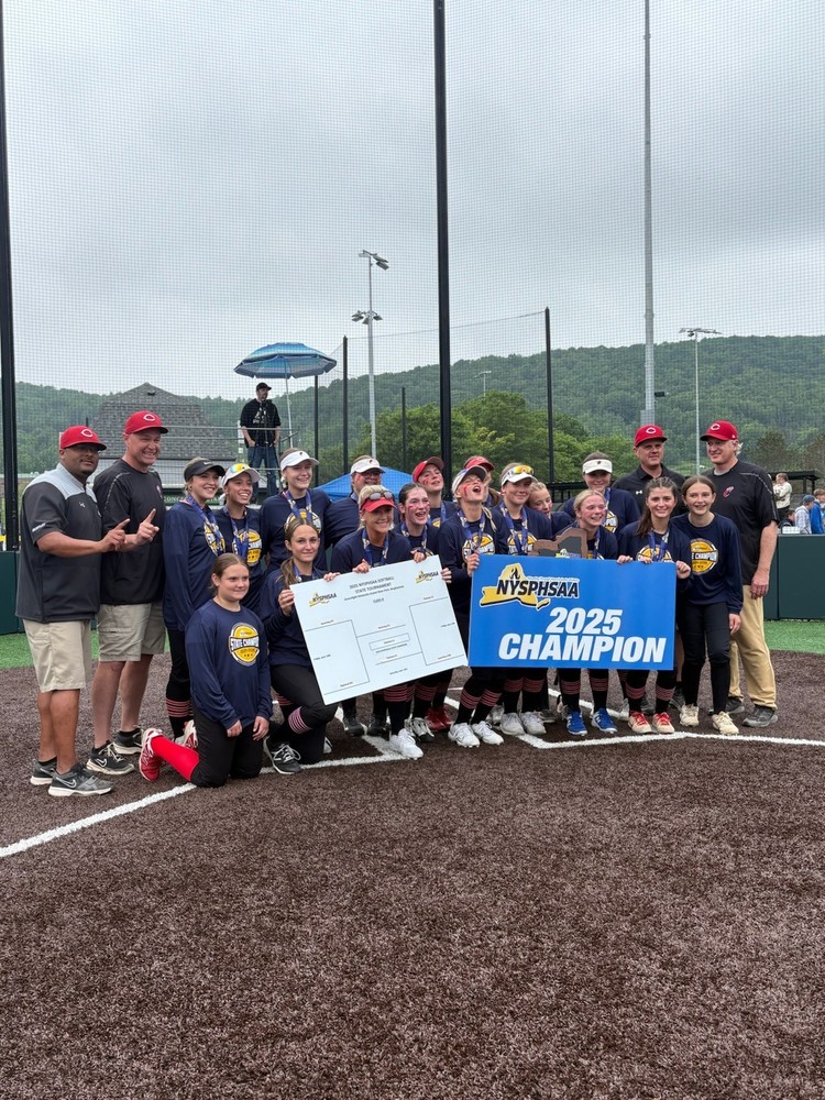 softball team celebrating NYS championship win