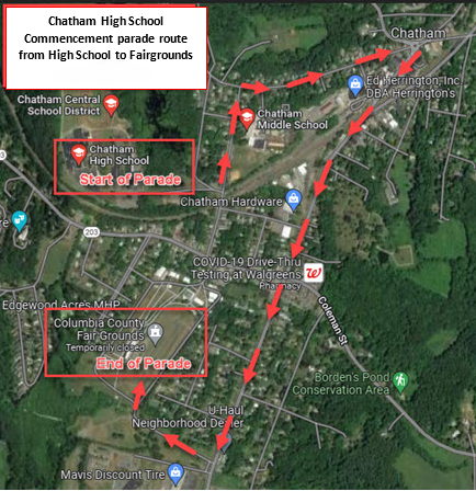 map of graduation parade route through Village of Chatham